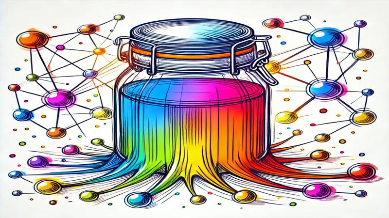 Ilustração gerada por IA, mostrando um pote de vidro com líquido colorido que escorre e se transforma em linhas e que se conectam