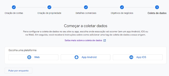Print da tela de coleta de dados do Analytics, com a trilha de passos para configuração