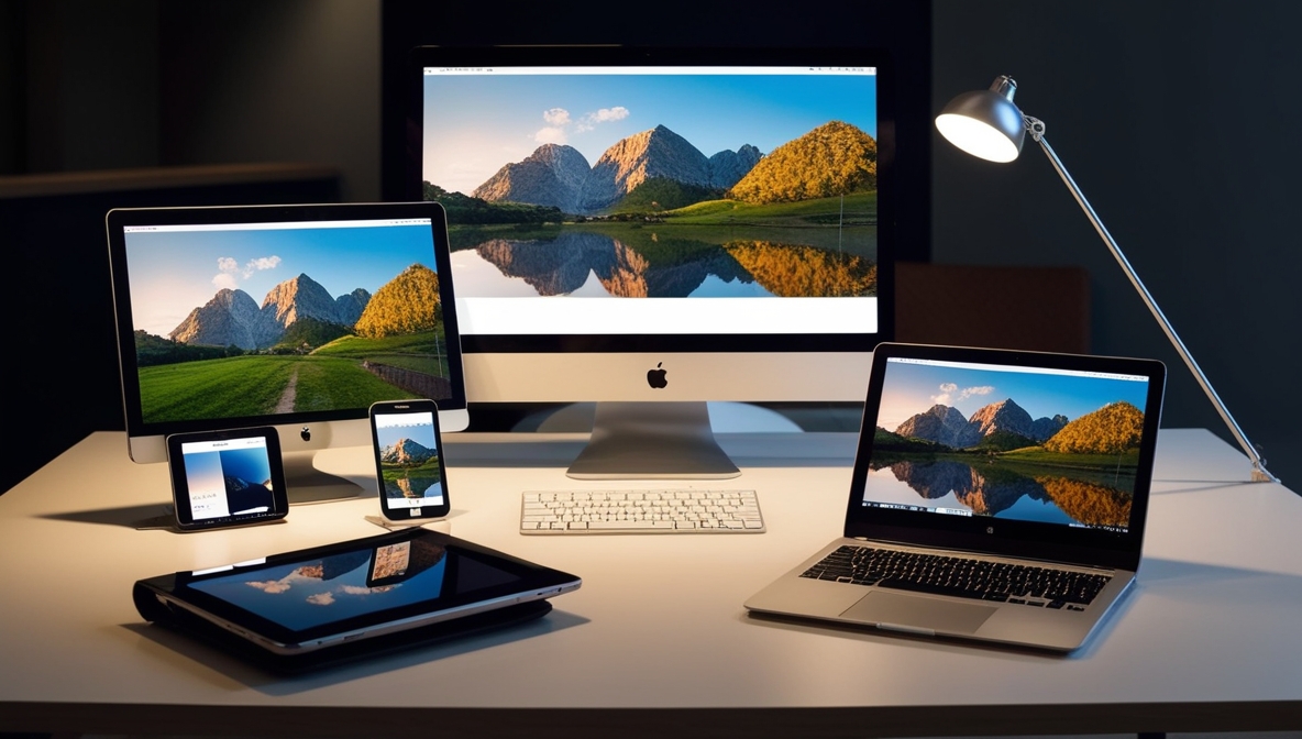 Tela de tablet, laptop, smartphone e pc sobre uma mesa mostrando a mesma paisagem