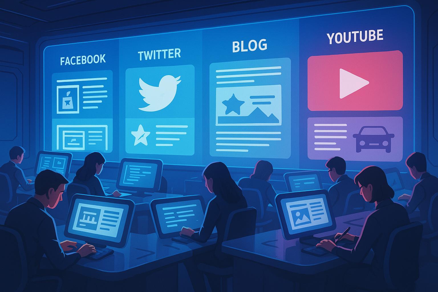 Ilustração em IA de uma sala com pessoas escrevendo em computadores e uma grande tela dividida entre redes sociais como youtube e facebook
