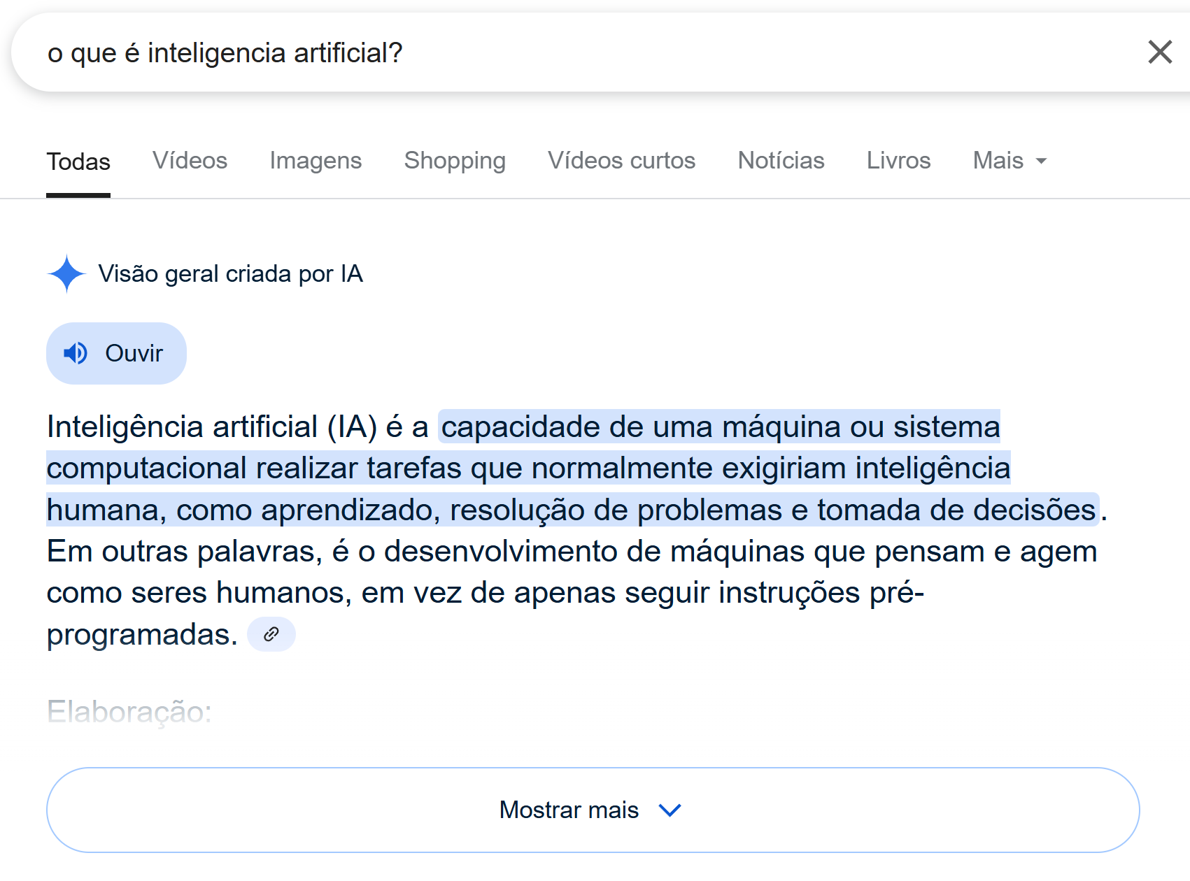 Print do resumo automático respondendo o que é inteligência artificial