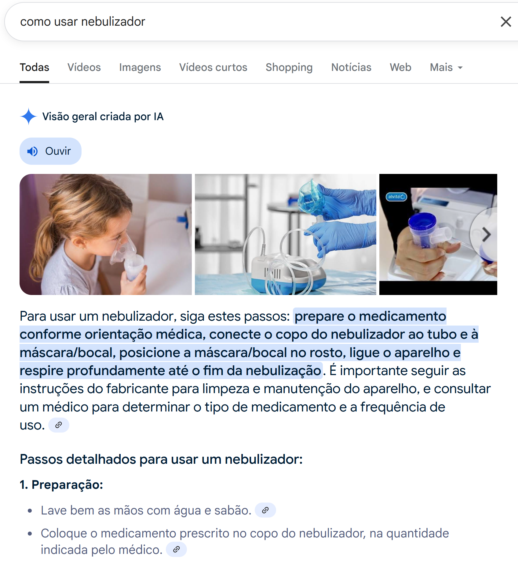 Print do resumo automático sobre como usar um nebulizador, com imagens de uma criança usando o equipamento
