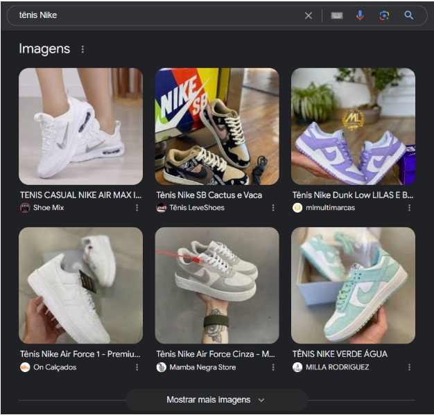 Print do Google mostrando imagens de ofertas de tênis Nike