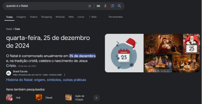 Print do Google mostrando a resposta para a data e o significado do Natal