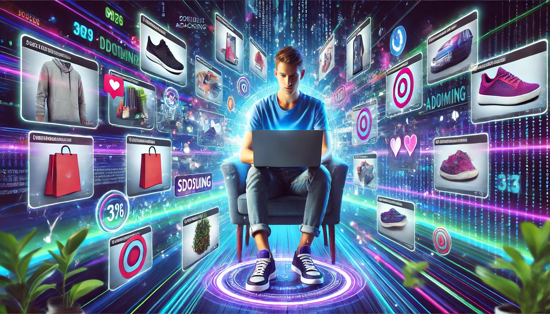 Homem sentado com um computador no colo em uma trilha virtual com produtos e anúncios passando aos lados