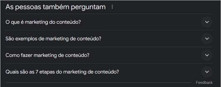 Print do Google mostrando o que as pessoas perguntam sobre Marketing de Conteúdo