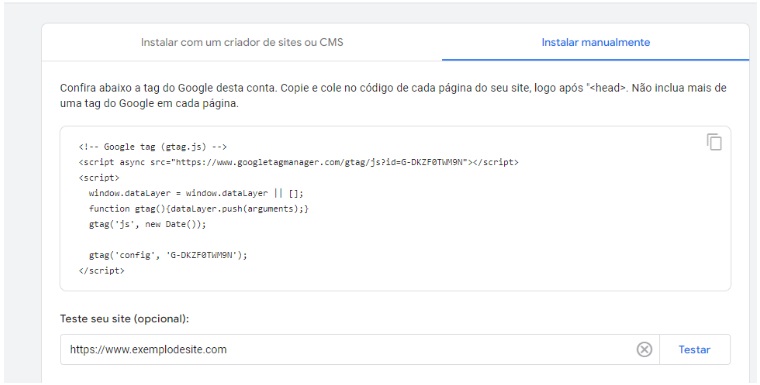 Print da tela de instalação manual do Google Analytics