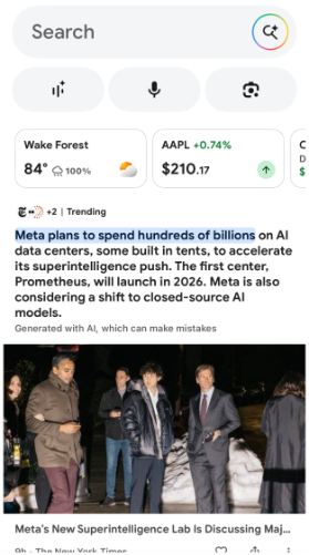 Print do Dicover com clima, cotação da bolsa e parte da matéria de investimento da Meta