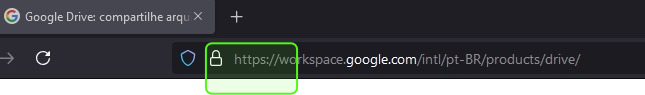 Print de uma barra de endereço da internet, com um pequeno retângulo verde sobre o protocolo HTTPS