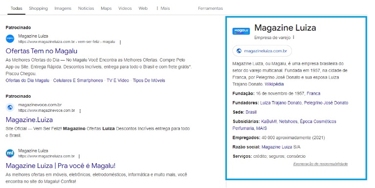 Print do Google mostrando Painel de Conhecimento com informações sobre o Magazine Luisa