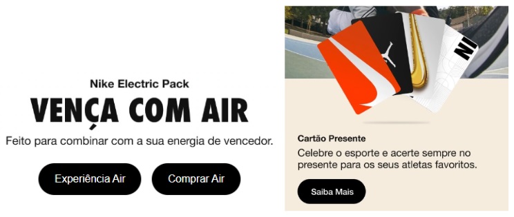 Print do site da Nike mostrando as experiências de comprar com a Nike