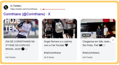 Print do snippet do Google com um carrossel de informações sobre o Corinthians no X