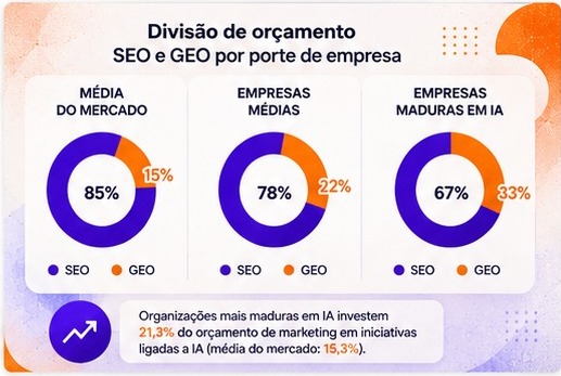 Ilustração com 3 gráficos de pizza mostrando os diferentes níveis de empresa e seus orçamentos para SEO e GEO