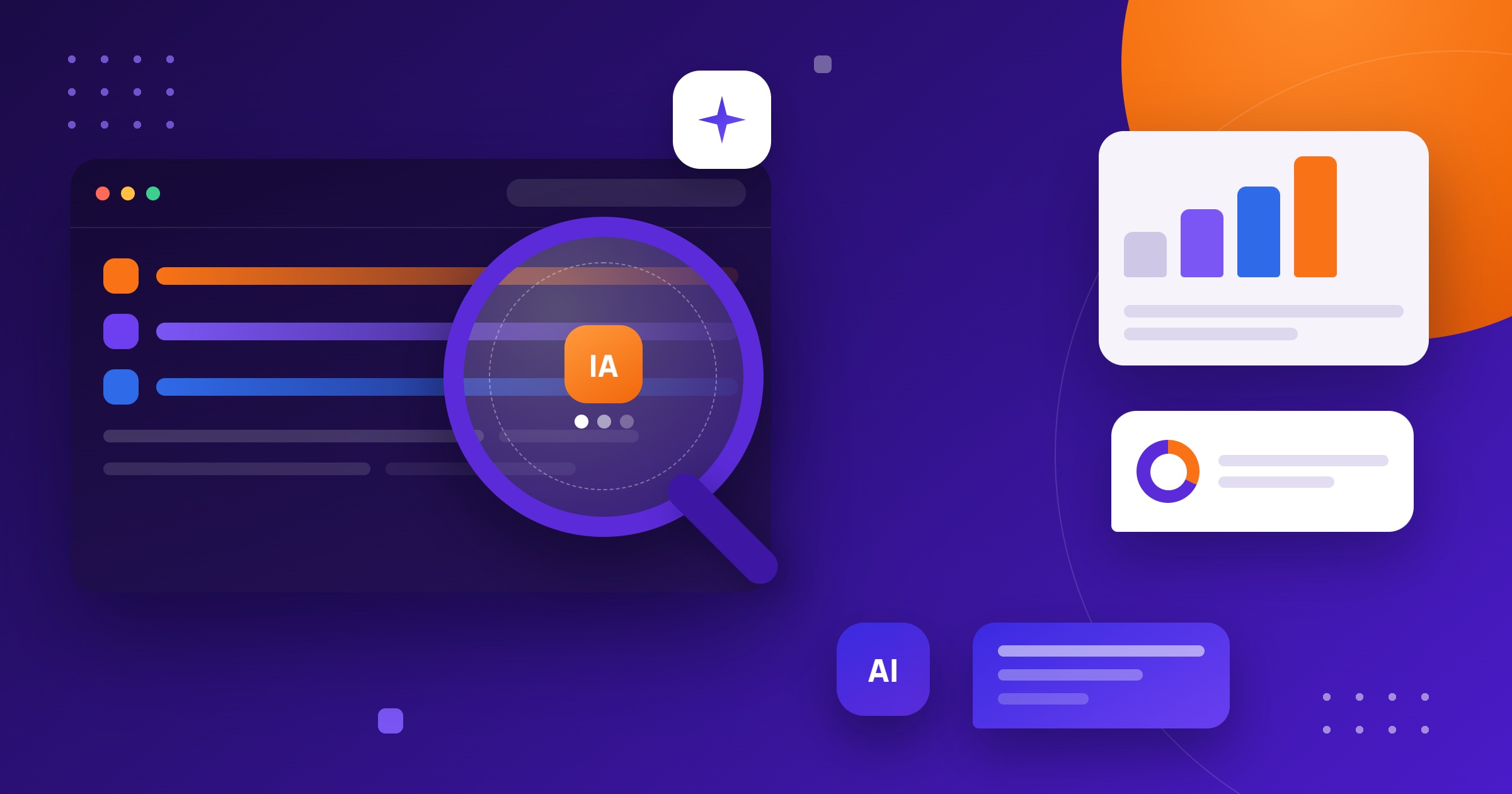 Ilustração simulando o resultado de uma pesquisa no AI Overview e outros elementos de pesquisa como uma lupa e gráficos