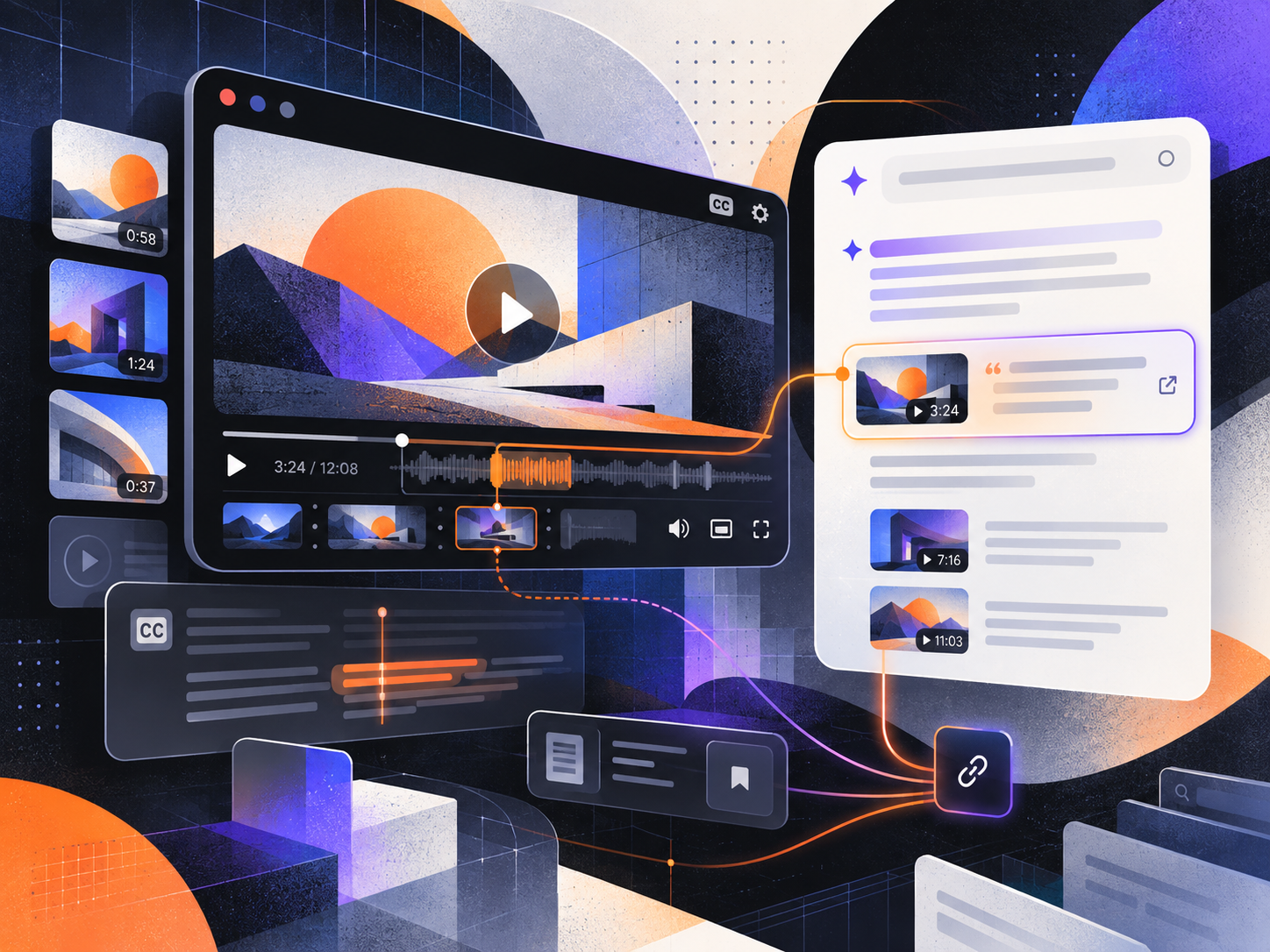 wesearch_ask_youtube_capa Ilustração de uma tela de vídeo sendo projetada na representação de uma tela de busca do Google